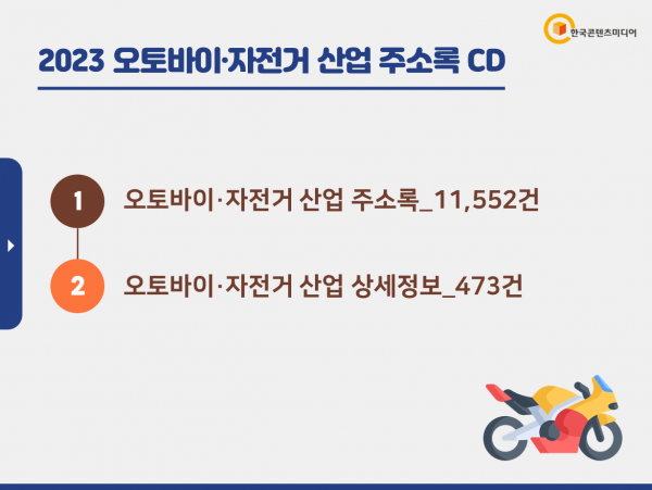 한국콘텐츠미디어,2023 오토바이·자전거 산업 주소록 CD